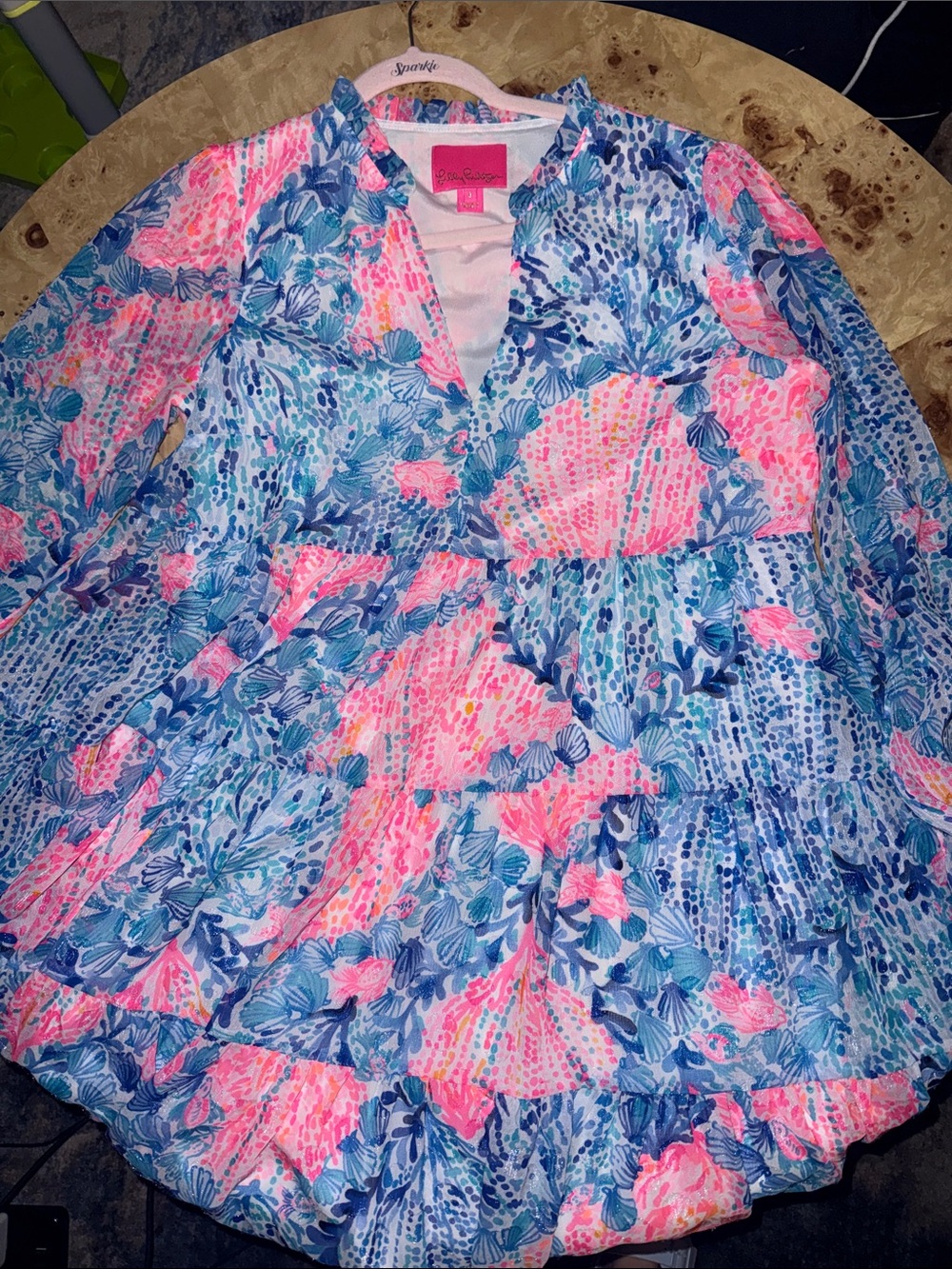 Lilly Pulitzer Pink & Blue Floral Tiered V-Neck Dress; Size 8